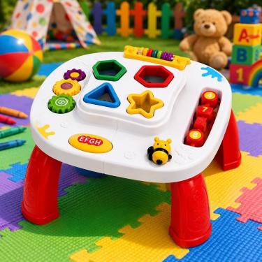 Imagem de Mesinha Didática Infantil com Atividades Brinquedo Educativo Sensorial Formas de Encaixe Engrenagens e Som 12 Meses+