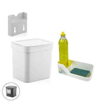 Imagem de Kit Cozinha Suporte Lixeira 2,5L Organizador De Pia Porta Detergente Branco - Ou