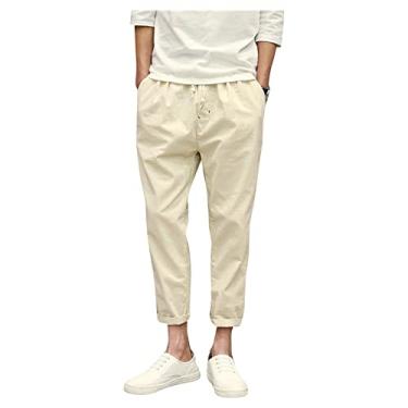 Imagem de UNeedVog Calça masculina casual slim fit, calça harém de algodão, linho, cor lisa, cint...