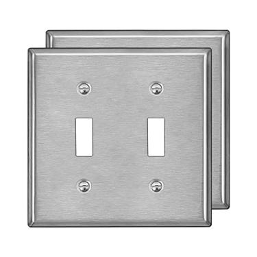 Imagem de [Pacote com 2] BESTTEN 2 Gang Placa de parede de metal, capa de tomada de aço inoxidável anticorrosão, grau industrial 304SS, tamanho padrão, parafuso incluído, prata