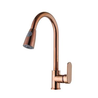 Imagem de Torneiras de cozinha pull out Brass Stream Single Handle Torneira de pia de cozinha Rotação Golden Chrome Black Mixer Crane, Rose Golden, China