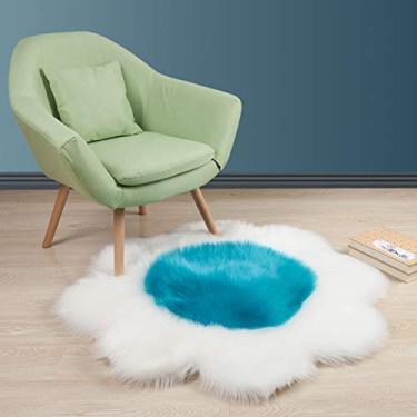 Imagem de Tapete de área falsa pilha longa tapete felpudo em forma de flor antiderrapante tapete lavável protege o chão para sala de estar sala de estudo banheiro varanda quarto infantil sofá cadeira, branco azul, 120 cm