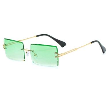 Imagem de Óculos de sol retangulares sem aro retrô LASPOR para mulheres, homens, lentes coloridas, metal dourado, sem moldura, óculos vintage, quadrados, proteção UV400, verde, gradiente