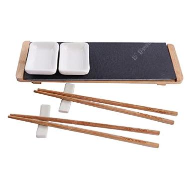 Imagem de Wincy Conjunto de Sushi 8 Peças - Kit para 2 Pessoas - Bambu, Porcelana e Ardósia - Branco e Preto