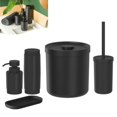 Imagem de Kit Lixeira 6L Porta Escova Dente Sanitária Dispenser Sabonete Bandeja Banheiro Preto Fosco - Ou