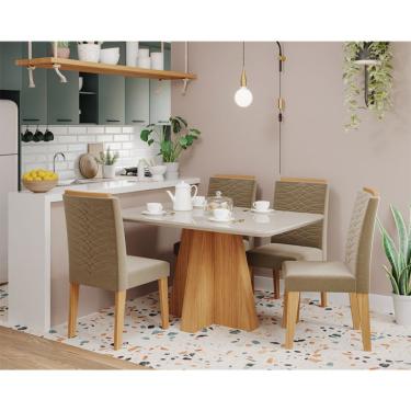 Imagem de Conjunto de Mesa de Jantar Retangular com Tampo de Vidro Off White Maite e 4 Cadeiras Clarice Suede Joli e Nature