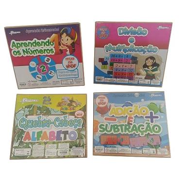 Imagem de Kit 4 Jogos Didáticos Pedagógicos MDF Infantil Resistente com Estojo, Adição e Subtração, Divisão e Multiplicação, Quebra Cabeça Alfabeto, Aprendendo os Números.