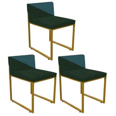 Imagem de Kit 03 Cadeira Lee Duo Sala De Jantar Ferro Dourado Suede Verde E Azul Turquesa - Amey Decor