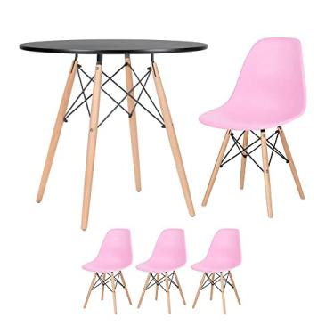 Imagem de Loft7, Mesa redonda Eames 80 cm preto + 3 cadeiras Eiffel DSW Rosa claro