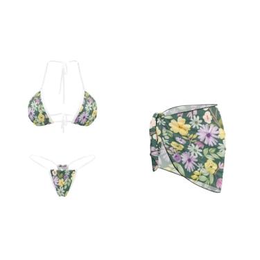 Imagem de Yewattles Conjunto de biquíni triangular, 3 peças, com saída de sarongue para mulheres, biquíni com cordão de amarrar no pescoço, Folha de flor colorida, GG