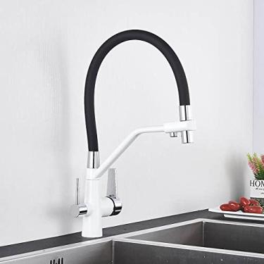 Imagem de Torneira da pia da cozinha torneira misturadora de filtro de água pura guindaste alças duplas purificação torneira quente e fria da cozinha, branco e cromado