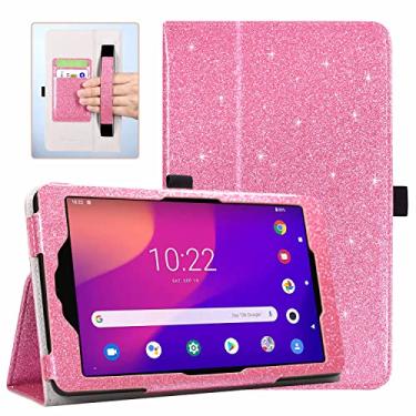Imagem de DMLuna Capa para tablet Metroby T-Mobile Alcatel Joy Tab 2 versão 2020 modelo 9032Z (não serve para ALCATEL Joy TAB 8 modelo 2019 9029Z), capa de suporte de couro PU fólio com alça de mão/compartimento para cartão, rosa brilhante