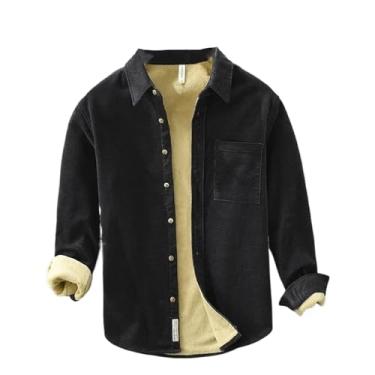 Imagem de Camisas masculinas de inverno diárias casuais quentes camisas de algodão sólido lapela veludo cotelê cor sólida blusa de lã grossa, Cinza escuro 9, PP