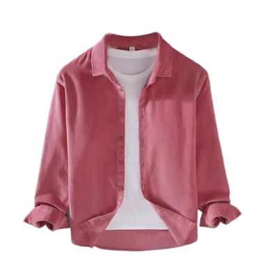 Imagem de Camisa masculina de veludo cotelê vintage primavera outono manga longa casual solta versátil algodão cor sólida tops, rosa, G
