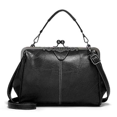 Imagem de YOUNXSL Bolsa feminina retrô oca de couro PU com cera de óleo, várias colocações, bolsa carteiro Kiss Lock, Preto, One Size