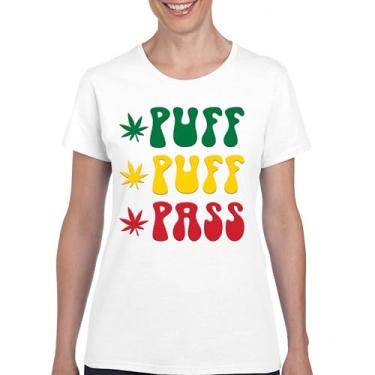 Imagem de Camiseta Puff Puff Pass 420 Weed Lover Pot Leaf Smoking Marijuana Legalize Cannabis Funny High Pothead Camiseta feminina, Branco, 3G