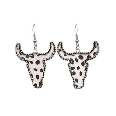 Imagem de Brincos de vaqueira ocidental de couro com cabeça de gado bovino brincos pendentes boêmios vintage feitos à mão turquesa animal impressão brincos, Couro, Turquesa