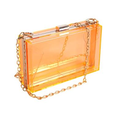 Imagem de WJCD Bolsa feminina transparente de acrílico, bolsa de mão pequena transparente transversal para noite aprovada pelo estádio com alça de corrente dourada, Laranja, Small