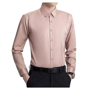 Imagem de Camisa social masculina de manga comprida slim fit lisa abotoada para a pele confortável, Rosa, XXG