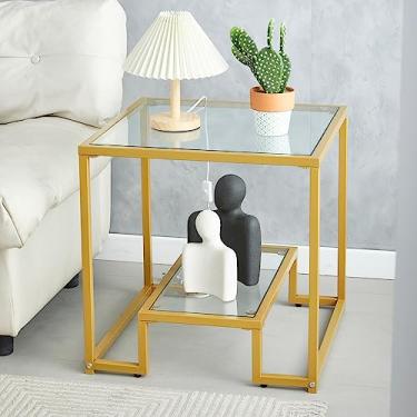 Imagem de Mesa lateral moderna e simples de metal dourado de dois níveis com tampo de vidro temperado, perfeita como mesa de cabeceira, mesa de cabeceira, mesa lateral moderna pequena de 53 cm para quarto, sala de jantar, escritório