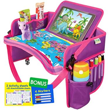 Imagem de ECOFANTASY Bandeja de viagem infantil – Mesa de colo impermeável com suporte grande para tablet sem queda – Bandeja para assento de carro – Essenciais de viagem para crianças – Organizador de mesa de
