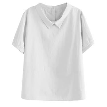 Imagem de Camisa feminina de linho, gola de lapela de verão, blusa de manga curta, botões nas costas, feminina, casual, verão, gola V, túnica lisa para praia, Branco, 3G