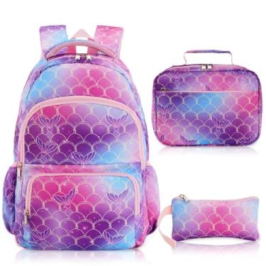 Imagem de Woosir Mochilas escolares para meninas e crianças, mochila de viagem para adolescentes, mochilas para laptop de volta às aulas com lancheira, A sereia, Large, Tendência