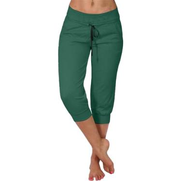 Imagem de Macacões femininos casuais de verão nova calça elástica cropped casual para mulheres moda calça de cintura alta para mulheres, Verde, GG