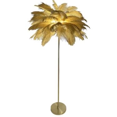 Imagem de Luminária de chão para sala de estar, lâmpadas modernas de penas de avestruz real, luzes LED de piso de poste dourado contínuas, 3 temperaturas de luzes reguláveis, design elegante para quarto, sala