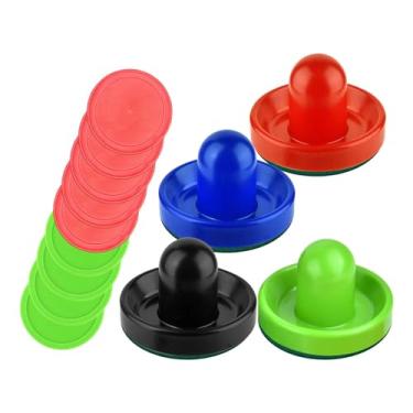 Imagem de UGPLM 4 cores empurradores de hóquei de ar pás e 8 discos acessórios 96mm 2.5 polegadas discos de hóquei de ar para mesas de jogo em casa