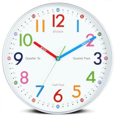 Imagem de Nbdeal Relógio de aprendizagem de 30,5 cm para crianças, relógio de ensino analógico colorido para quartos, relógio de parede prata ET-7789
