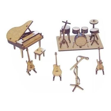 Imagem de Kit 6 Miniatura Instrumentos Musicais Piano Guitarra Mdf