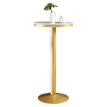 Imagem de Mesa de bar alta para bistrô, mesa de bar redonda com tampo de mármore branco e moldura de metal dourada, mesa de pub alta para cozinha, sala de jantar, bistrô, mesa lateral pequena de coquetel/mesa