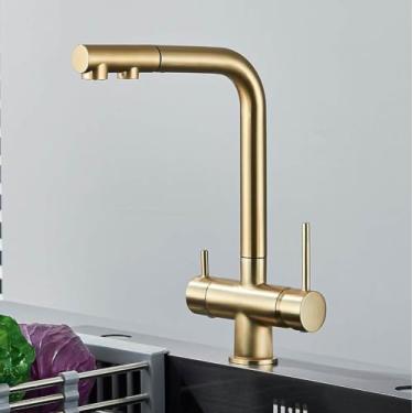 Imagem de Torneira de cozinha retrátil de latão cromado com filtro, alça dupla, água potável quente e fria, filtro de 3 vias, torneiras misturadoras de purificação, ouro escovado