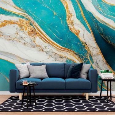 Imagem de Papel de Parede Painel 3D Mármore Branco Azul e Amarelo 2,5M Auto Cola