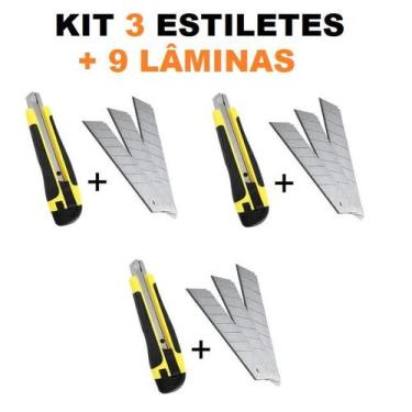 Imagem de KIT 3 Estilete Profissional Emborrachado 18mm + 9 Lâminas - FERRAGENS