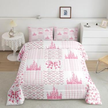 Imagem de Manfei Conjunto de edredom castelo de princesa, com laço e laço kawaii, para quarto de crianças, adolescentes, rosa, branco, geométrico, xadrez, patchwork, 2 peças, 1 fronha, solteiro