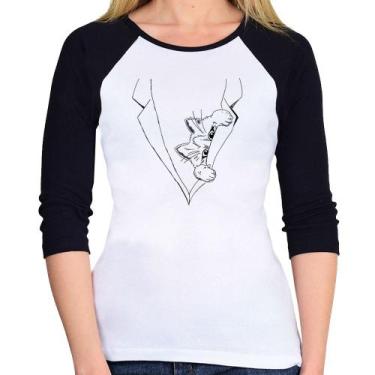 Imagem de Baby Look Raglan Gato no terno Manga 3/4 - Foca na Moda, Branco, Preto