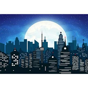 Imagem de AOFOTO 1,8 x 1,2 m desenho animado moderno super cidade pano de fundo lua noite edifícios urbanos mansão paisagem urbana fotografia fundo criança menino bebê retrato de desenho animado sessão de fotos adereços de estúdio vinil cortina
