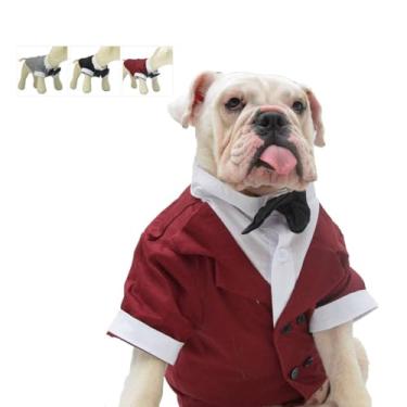 Imagem de Lovelonglong Fantasia de buldogue Terno de cachorro Formal Tuxedo com gravata borboleta preta Roupas de casamento para pugs/buldogue francês/buldogue inglês/Bull americano marrom B-L