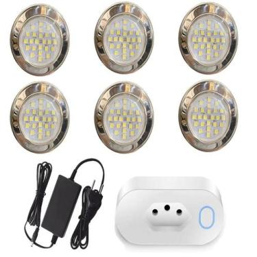 Imagem de Kit 6 Power Led 5w Inox 316 Branco + Fonte + Tomada Wifi - Brustec