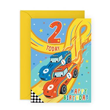 Imagem de CENTRAL 23 Cartão de aniversário de 2 anos – Cartões de bebê marco para crianças de dois anos – Carro de corrida – Cartão de aniversário para filho de dois anos – Cartões de segundo aniversário. – Presentes para meninos – Vem com adesivos divertidos – Tinta vegana