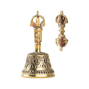 Imagem de Conjunto de mini sino tibetano Bajra - Tigela de canto Alter Rezar Objeto Dharma Sino de Mão Sino de Meditação Budista Feito à Mão da Himalayan Bazaar (10 cm)