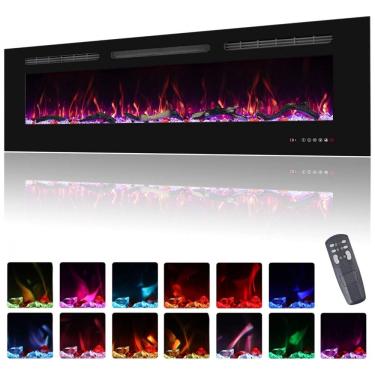 Imagem de Lareira Elétrica de Embutir A44x165L com Temporizador e Chamas Realista, 110V 1500W, Oxhark, Preta