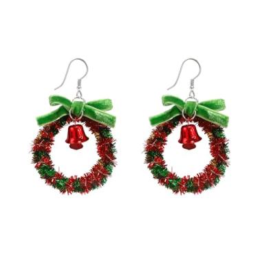Imagem de Brincos de guirlanda redonda de Natal para mulheres, moda grande, vermelho, verde, dourado, arco de sino, pingentes para festivais de Natal, pingente de gota, joia leve para férias, Medium, Acrílico,