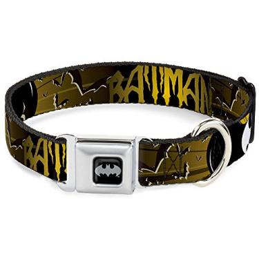 Imagem de Coleira para cães com fivela de cinto de segurança – BATMAN com sinais de morcego e morcegos voadores amarelo/preto/branco – 3,8 cm de largura – veste pescoço de 46 – 81 cm – Grande