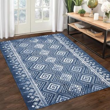 Imagem de COZYLOOM Tapete de área grande, 20 x 25 cm, lavável, antiderrapante, antiderrapante, antiderrapante, tapete geométrico, resistente a manchas, para quarto, azul marinho