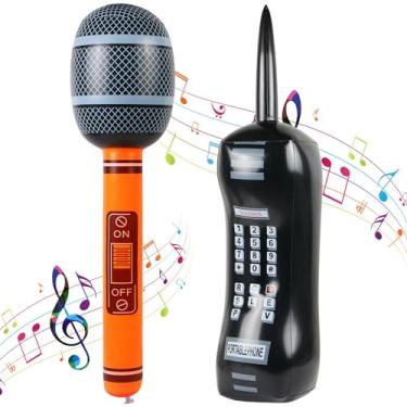 Imagem de Microfones infláveis de plástico para celular, brinquedo de microfone de tamanho grande, 60 cm, para decoração de festa retrô dos anos 80, 90, rappers, hip hop, adereço de plástico (laranja)