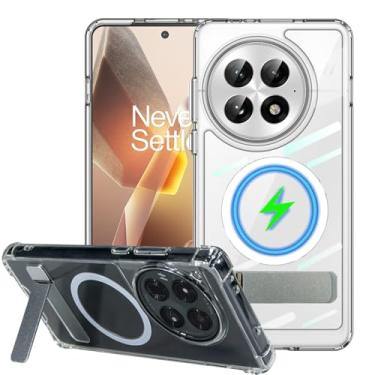 Imagem de condgood Capa transparente para OnePlus 13 compatível com MagSafe, suporte de metal plano integrado e magnético forte, moldura espessa de proteção de grau militar, capa de telefone antiamarelamento