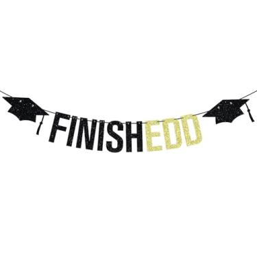 Imagem de Faixa Finishedd, decoração de festa de formatura de doutorado EdD, banner de parabéns EdD, doutor em educação, decorações de festa de formatura PHD EDD, glitter preto e dourado